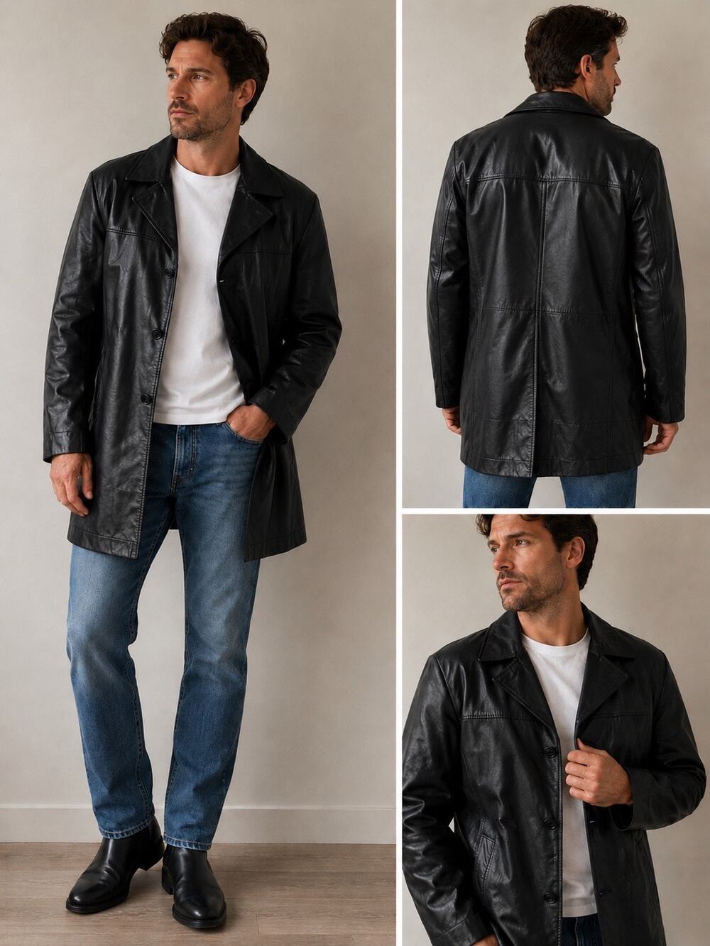 Cresco Black Genuine Leather Coat Jacket Faux Fur Lined 40L Vintage 70s Overcoat
